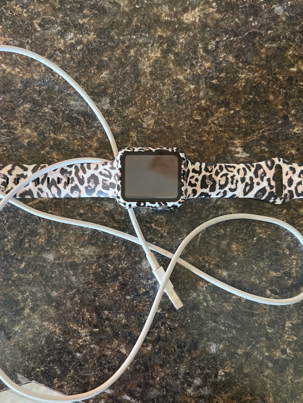 Apple Smartwatch with White and Black Leopard Print Band